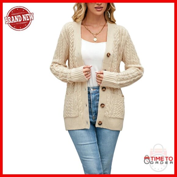 Sweaters - Chunky Cable Knit Cardigan Open Front Button Down Pockets Women's Sweater